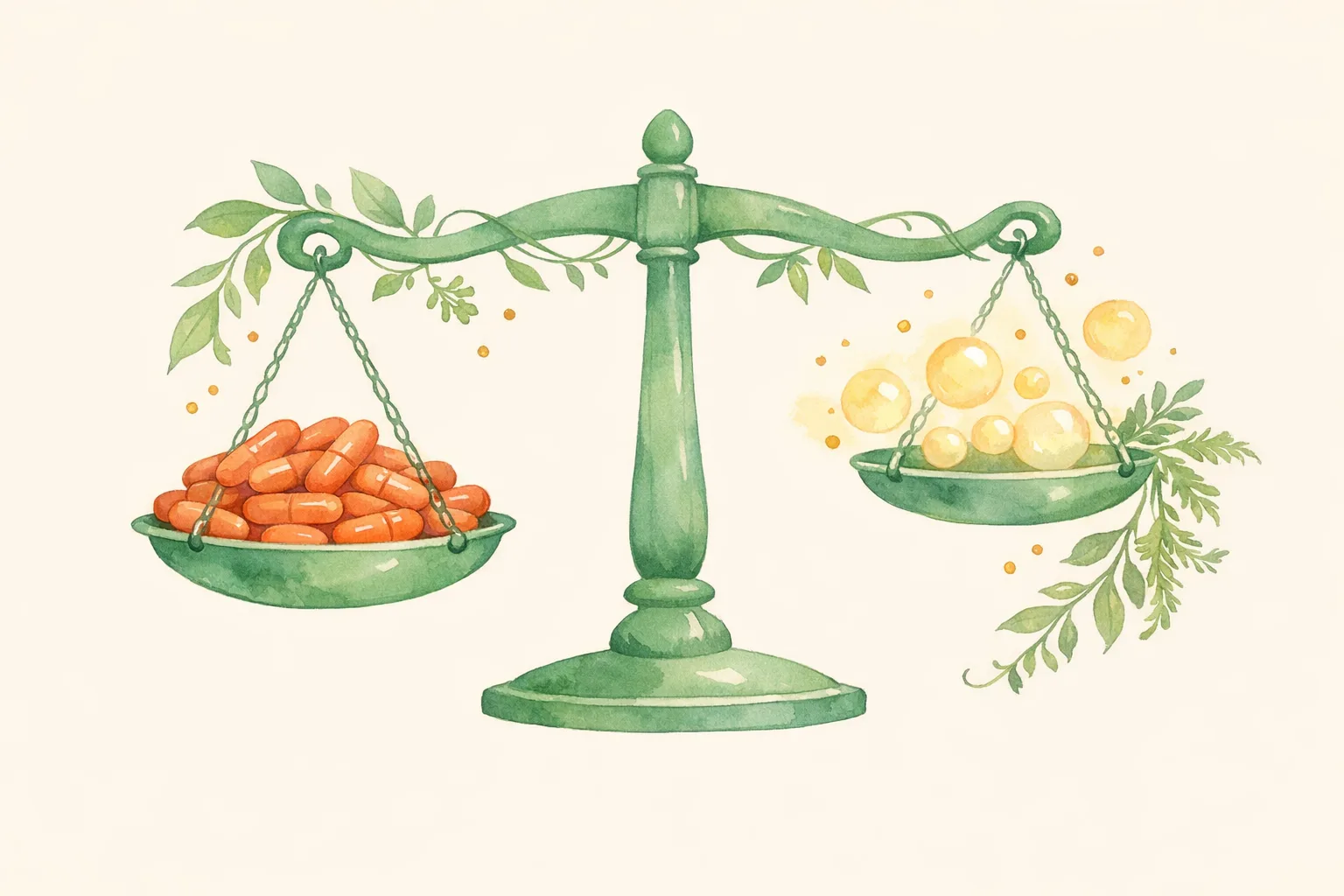 Watercolor illustration of a botanical balance scale with supplement capsules on one side and organic reactive oxygen forms on the other, surrounded by sage green leaves, representing the research on oxidative balance and male fertility supplements