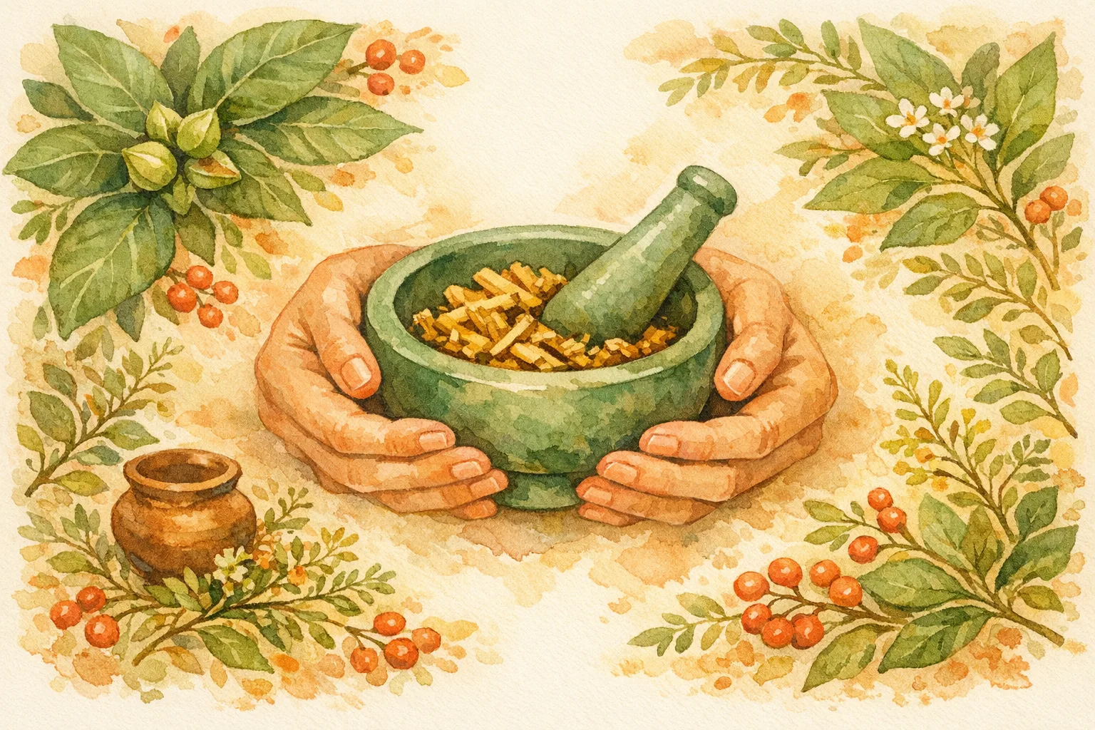 Watercolor illustration of gentle hands holding a mortar and pestle with ashwagandha root and herbs representing a daily natural hormone support ritual