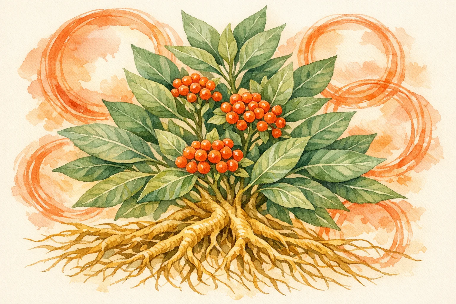 Watercolor botanical illustration of ashwagandha plant with roots, leaves, and berries representing the herb studied for hormone balance research