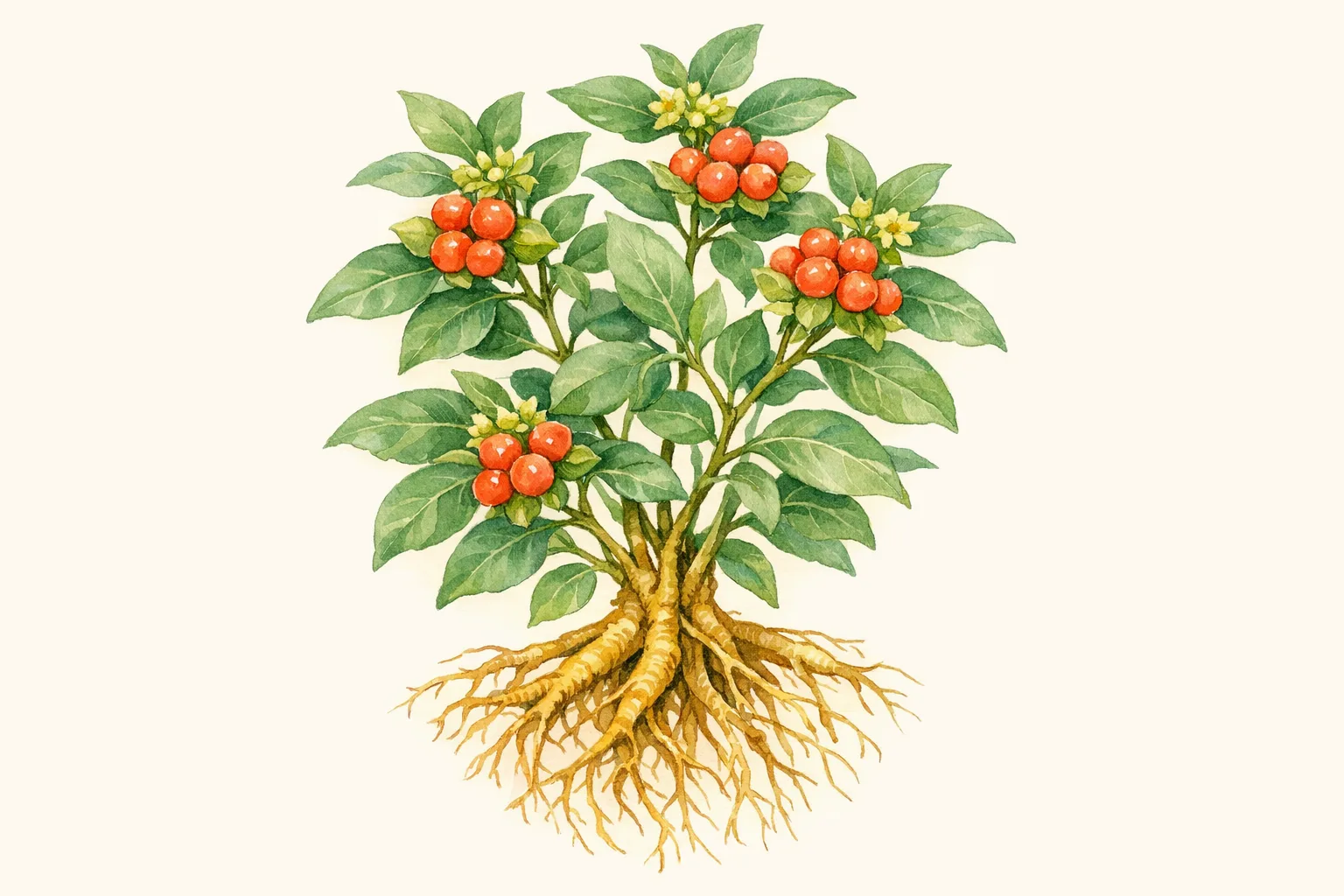 Botanical watercolor illustration of the ashwagandha plant showing roots, stems, leaves, and berries in sage green, warm coral, and soft gold tones