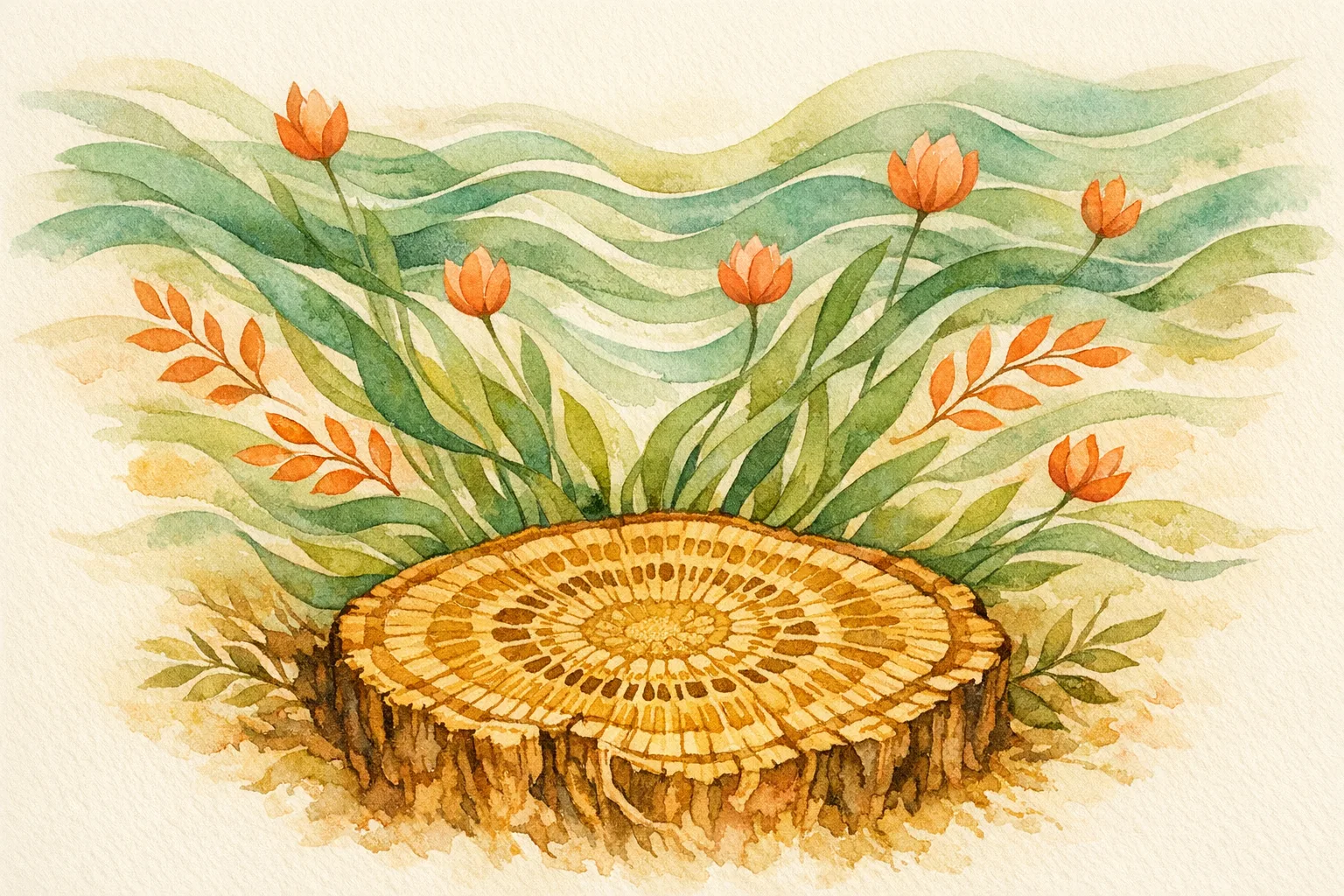Watercolor illustration of ashwagandha root cross-section with flowing botanical forms representing how withanolides work to restore hormonal balance