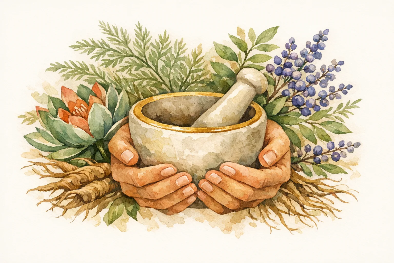 Watercolor illustration of nurturing hands holding a mortar and pestle surrounded by lotus flowers, Shatavari fronds, and Ayurvedic herbs representing a holistic approach to luteal phase defect