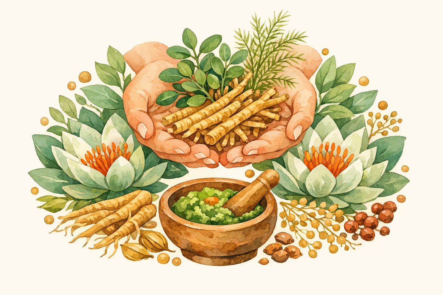 Watercolor illustration of hands holding ashwagandha root and shatavari herbs over a mortar and pestle surrounded by lotus petals, representing the Ayurvedic herbal fertility protocol