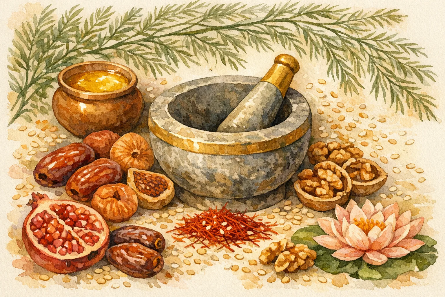 Botanical watercolor illustration of Ayurvedic <a href=