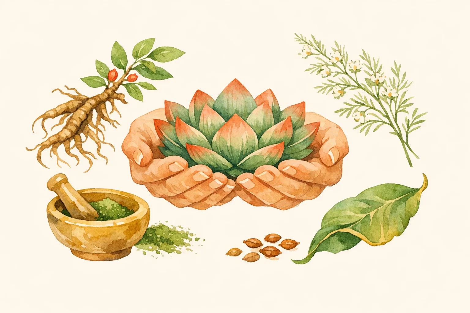 Watercolor illustration of gentle hands cradling a lotus flower surrounded by Ayurvedic herbs including ashwagandha root, shatavari sprigs and a mortar and pestle