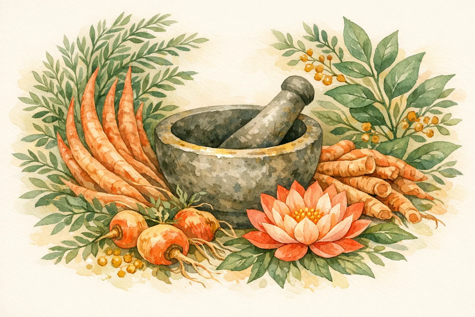 Watercolor illustration of a mortar and pestle surrounded by Ayurvedic fertility herbs including shatavari, ashwagandha, maca root, and a lotus flower