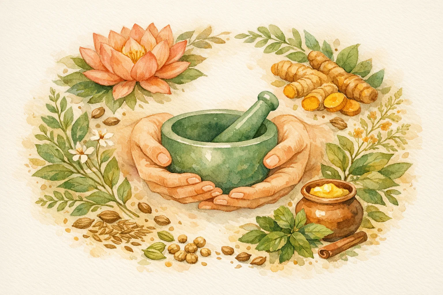 Watercolor illustration of gentle hands holding a mortar and pestle surrounded by Ayurvedic herbs, lotus flowers, and turmeric representing a holistic fertility approach