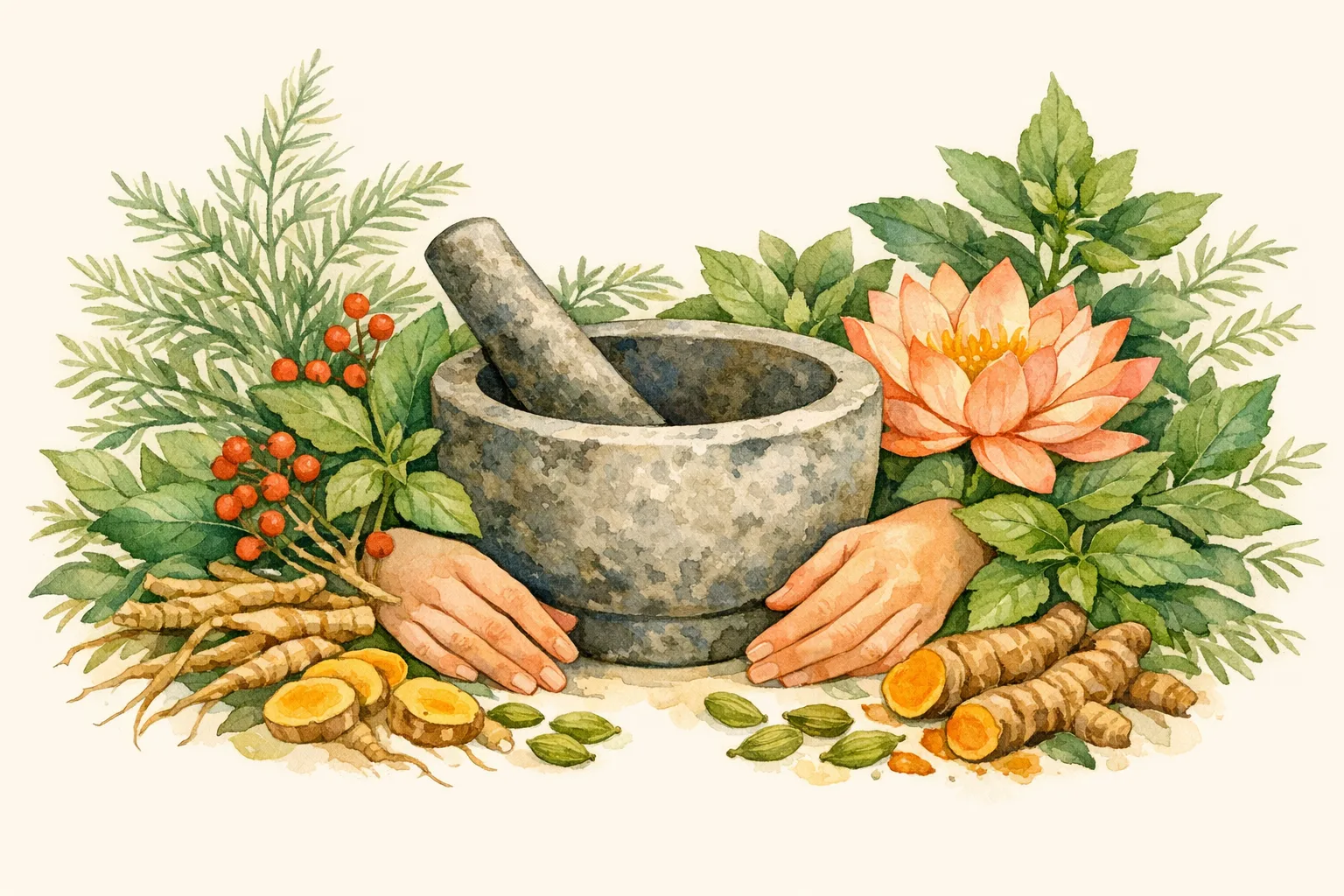 Watercolor illustration of a stone mortar and pestle surrounded by Ayurvedic fertility herbs including shatavari, ashwagandha, tulsi, and turmeric with a blooming lotus flower and nurturing hands