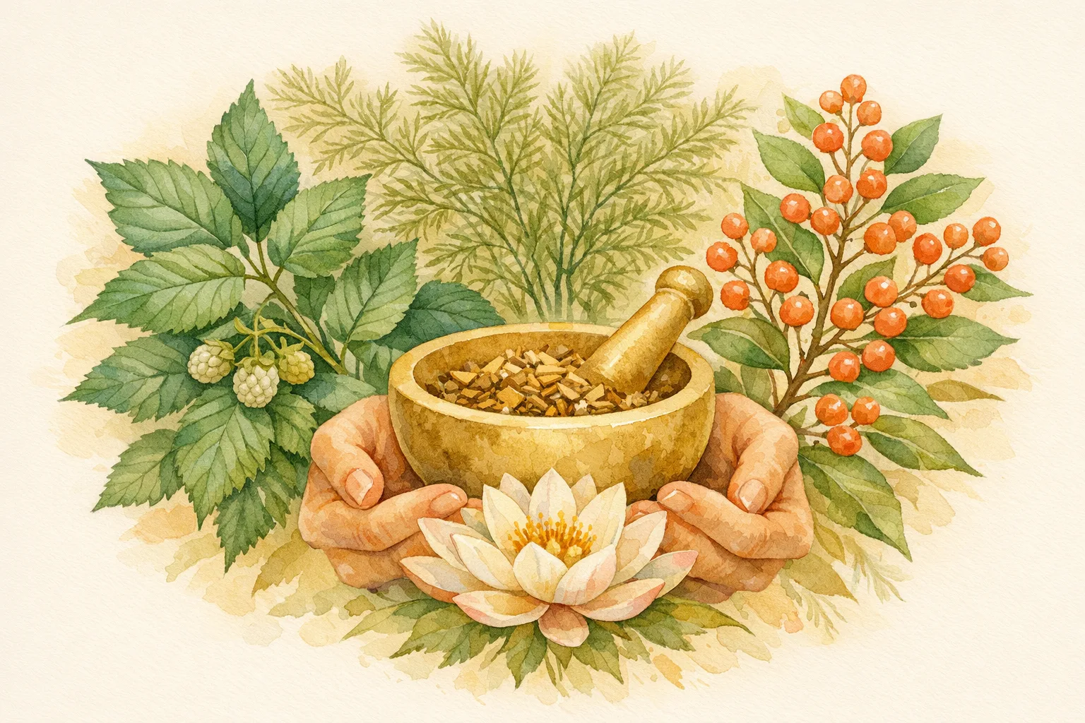Watercolor illustration of an Ayurvedic herbal fertility arrangement featuring raspberry leaves, shatavari fronds, and ashwagandha with a mortar and pestle, lotus flower, and gentle nurturing hands