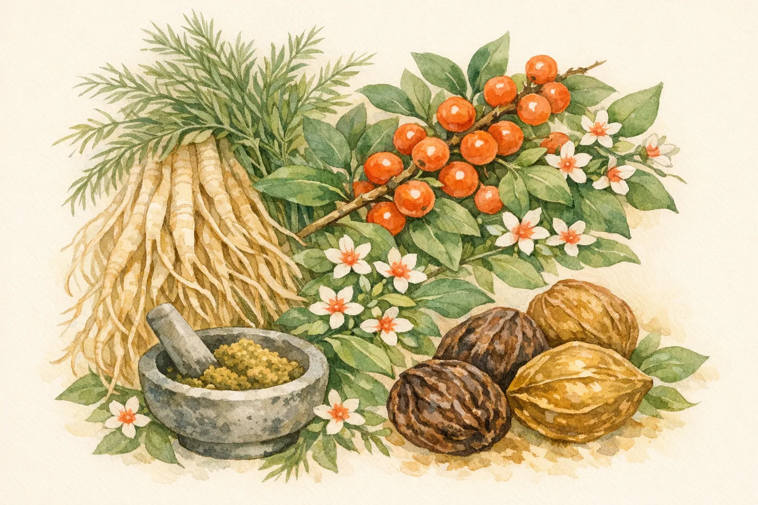 Botanical watercolor illustration of Ayurvedic fertility herbs including Shatavari stems, Ashwagandha berries, and Triphala fruits arranged with a stone mortar and pestle