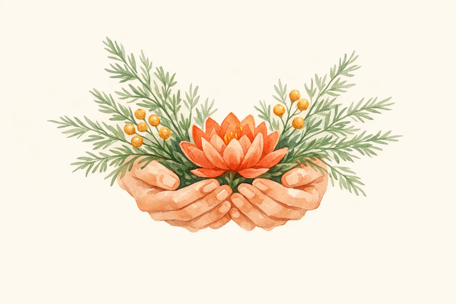 Watercolor illustration of gentle hands cradling Shatavari herb sprigs and a lotus flower, representing the Ayurvedic approach to fertility through botanical plant medicine