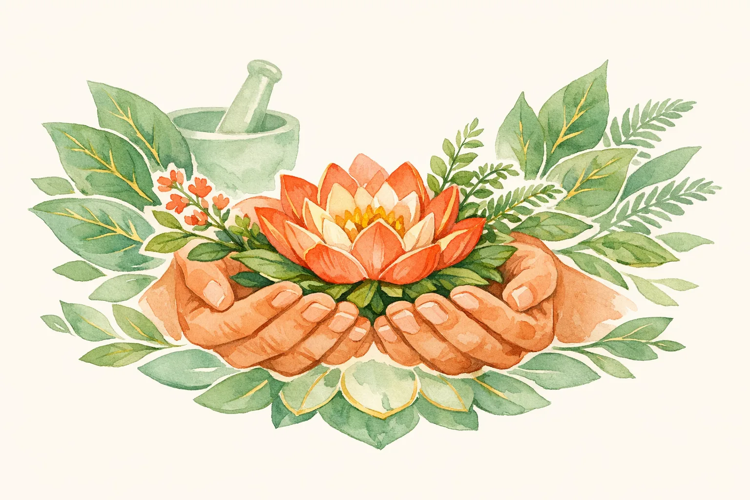 Watercolor illustration of gentle hands cradling a lotus flower and medicinal herbs, surrounded by Ayurvedic botanical motifs in sage green and coral, representing the ancient mind-body approach to fertility