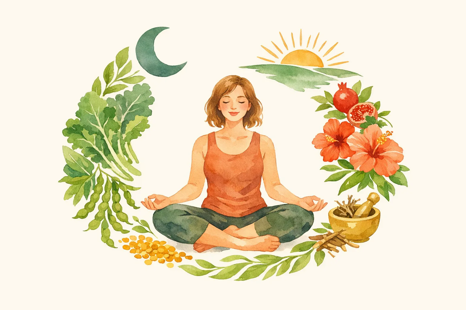 Watercolor illustration of a woman meditating surrounded by a botanical arrangement of herbs, vegetables, lunar and solar motifs, and a mortar and pestle representing the six practices of the Ayurvedic fertility protocol