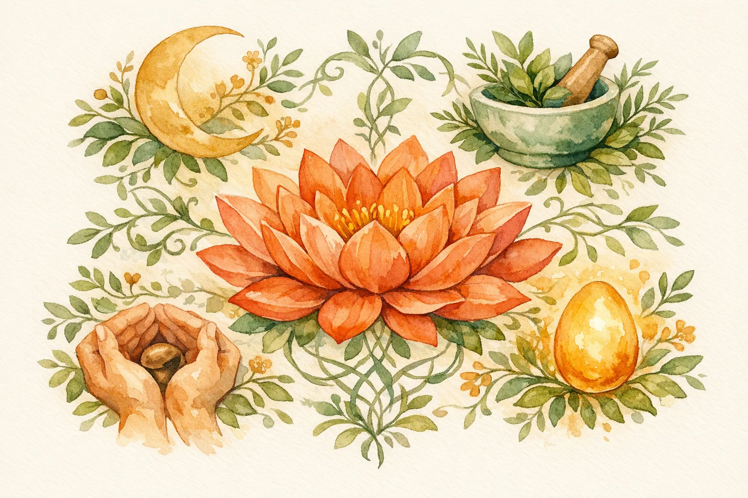 Botanical watercolor mandala with a central open lotus surrounded by Ayurvedic symbols of timing, nourishment, fertile ground, and seed vitality representing the four pillars of conception