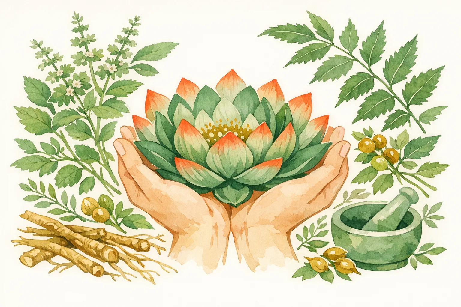 Watercolor illustration of two cupped hands holding an open lotus flower surrounded by Ayurvedic herbs including tulsi, ashwagandha roots, and a mortar and pestle, symbolizing the ancient Garbhadhana preconception protocol