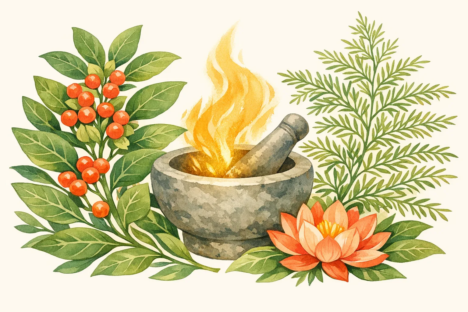 Botanical watercolor illustration of Ashwagandha and Shatavari herbs growing around a stone mortar and pestle with a lotus flower, representing Ayurvedic support for fertility