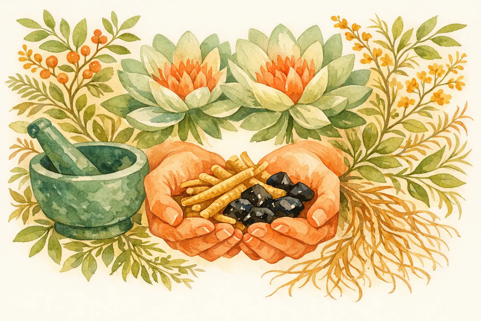 Watercolor illustration of gentle hands holding ashwagandha roots and shilajit resin with lotus flowers and a mortar and pestle in the background, representing the Ayurvedic Vajikarana approach to male reproductive health