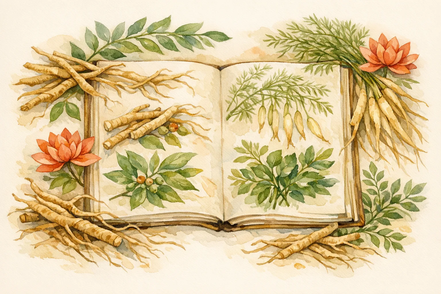 Botanical watercolor illustration of an open journal surrounded by ashwagandha roots, shatavari stems, and lotus flowers representing Ayurvedic fertility research