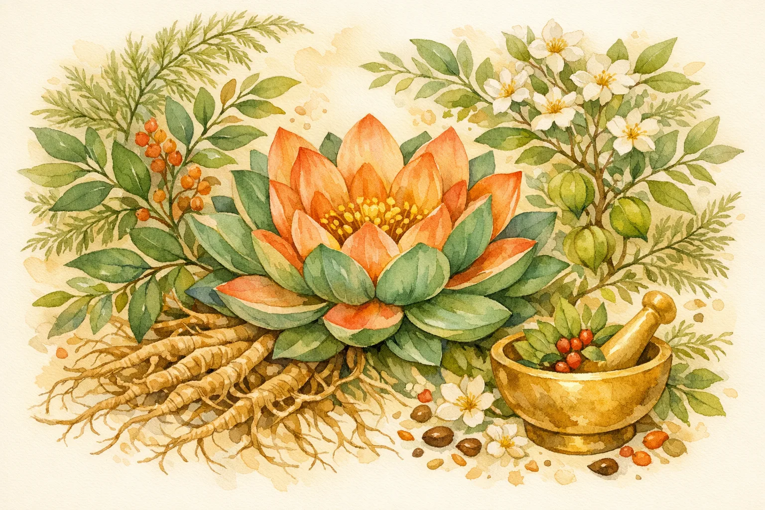 Watercolor botanical illustration of a lotus flower surrounded by Ayurvedic herbs including ashwagandha roots and fern fronds with a mortar and pestle in soft sage green and coral tones