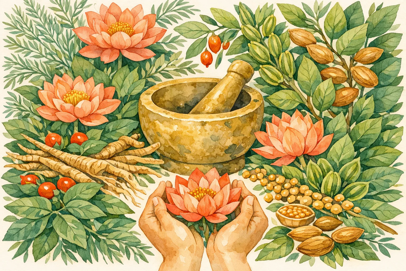 Watercolor illustration of Ayurvedic herbs, a mortar and pestle, lotus flowers, and healing botanicals representing traditional Ayurvedic fertility support with shatavari and ashwagandha plants