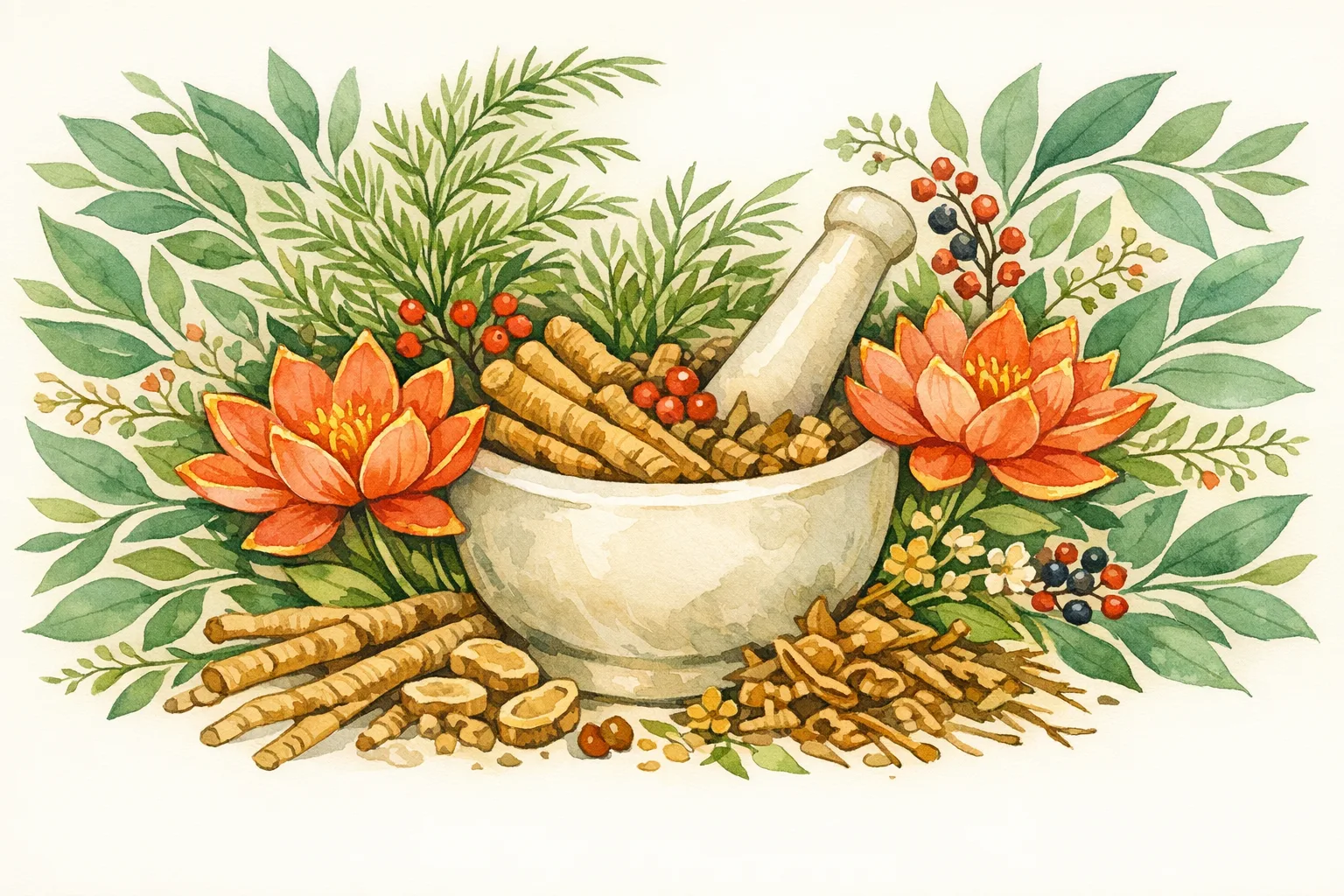 A watercolor illustration of a mortar and pestle surrounded by Ayurvedic herbs including ashwagandha roots and shatavari leaves with coral lotus blossoms, representing Ayurvedic fertility research