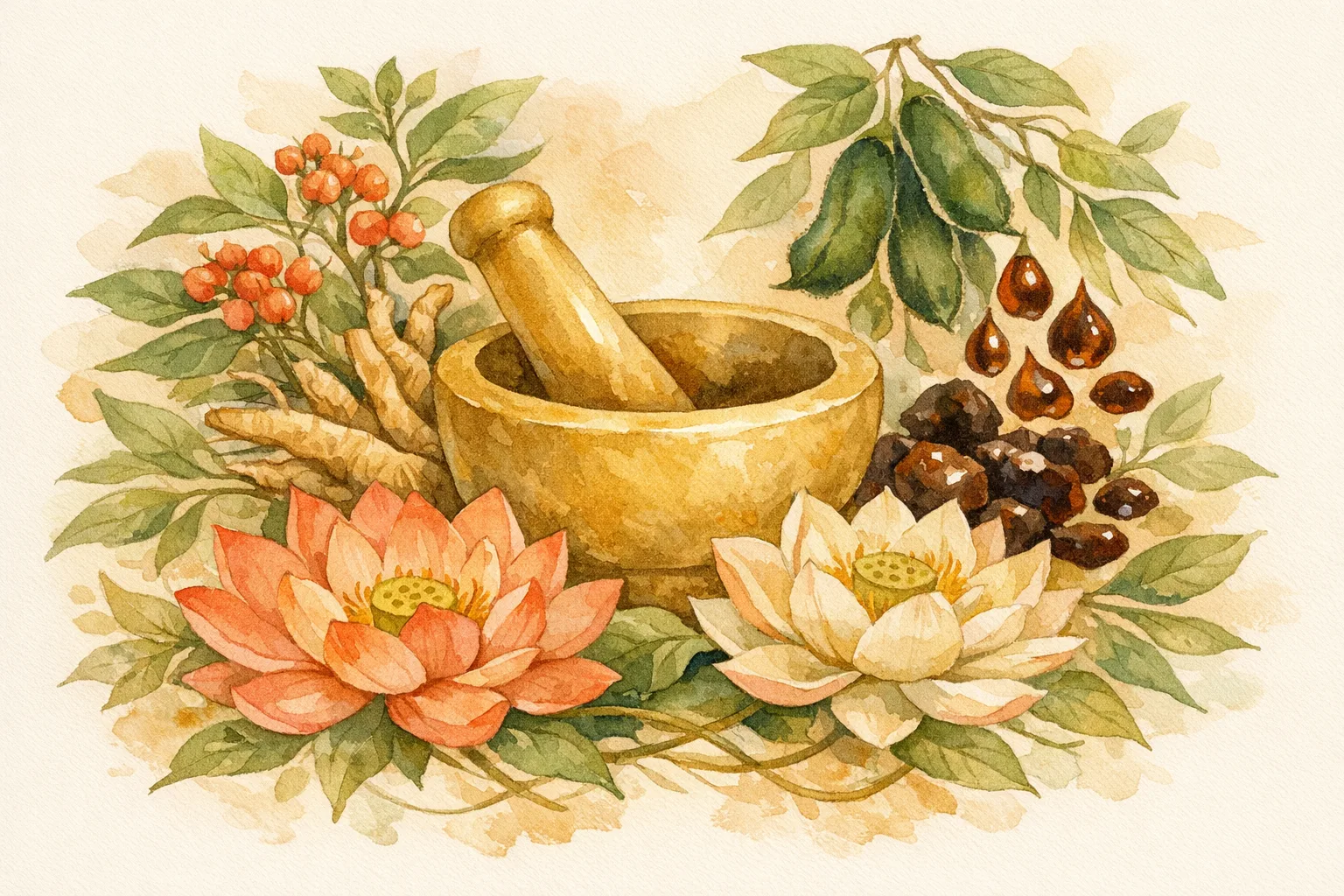 Watercolor illustration of a traditional Ayurvedic mortar and pestle surrounded by ashwagandha roots, Mucuna pruriens pods, shilajit resin, and lotus flowers representing Ayurvedic fertility restoration