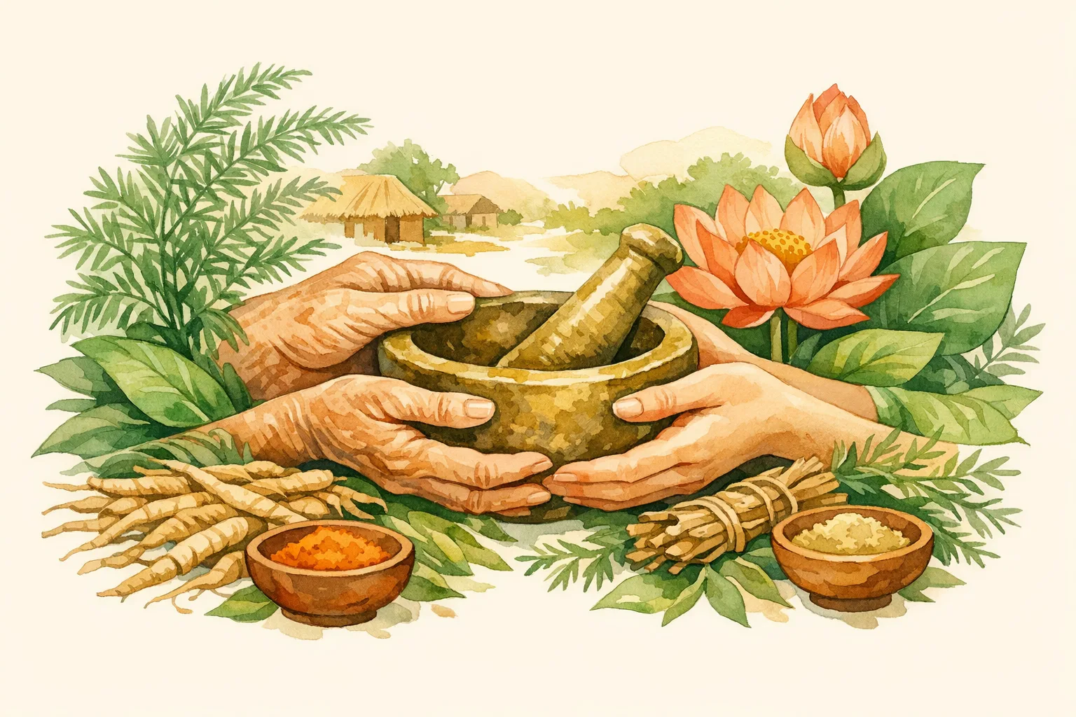 Watercolor illustration of elder and younger hands holding a mortar and pestle surrounded by Ayurvedic herbs, roots, and lotus flowers representing traditional fertility wisdom
