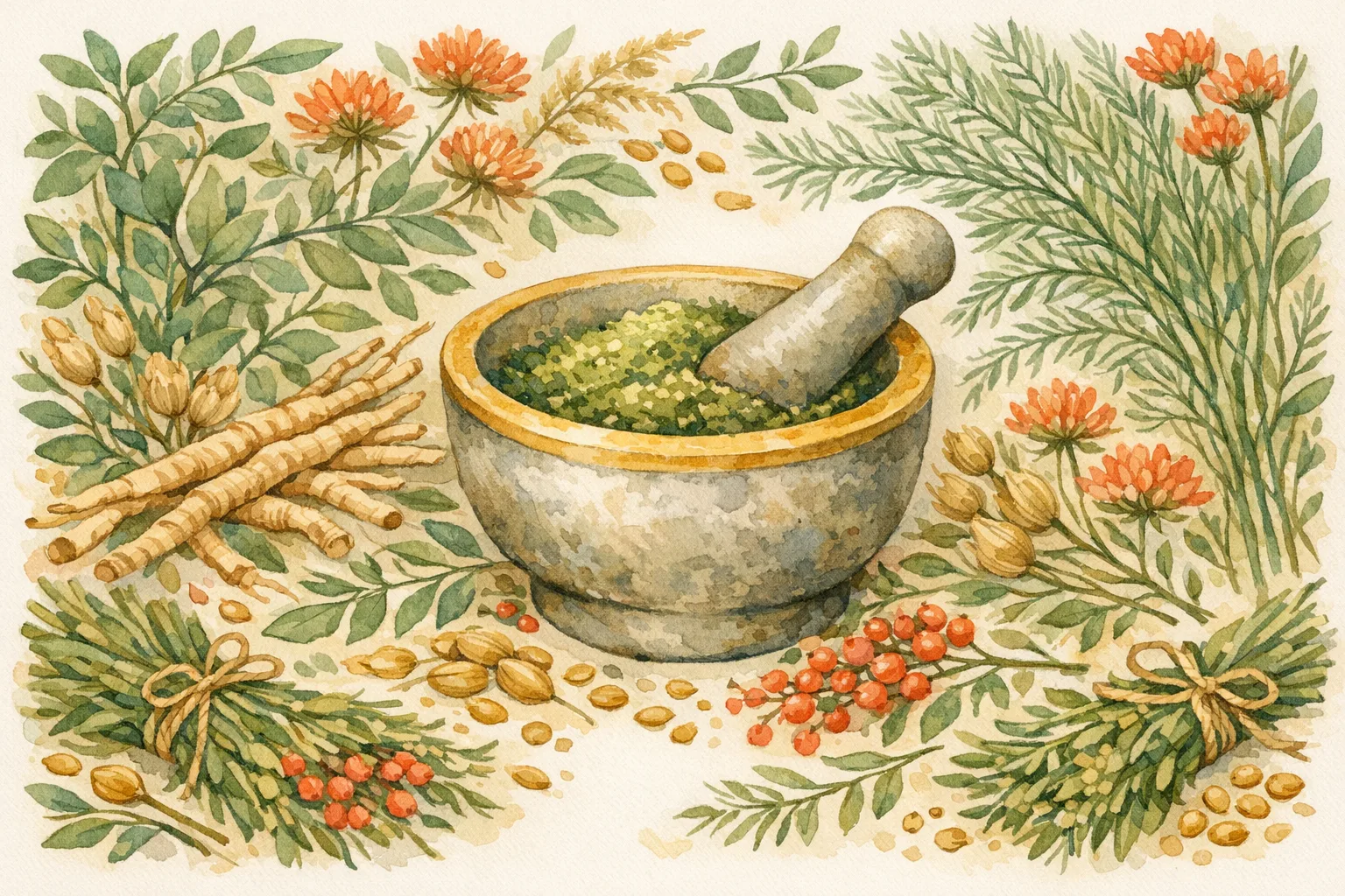 Watercolor illustration of a mortar and pestle surrounded by Ayurvedic herbs including ashwagandha and shatavari, representing natural plant medicine research for fertility