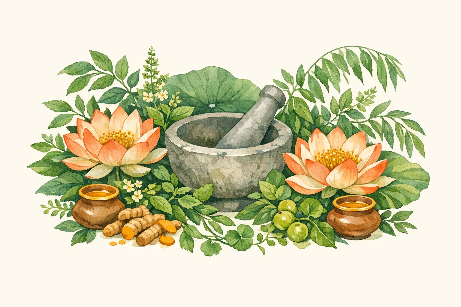 Soft watercolor illustration of an Ayurvedic mortar and pestle surrounded by medicinal herbs, clay oil vessels, and lotus flowers in sage green and warm coral, representing the Ayurvedic approach to fertility