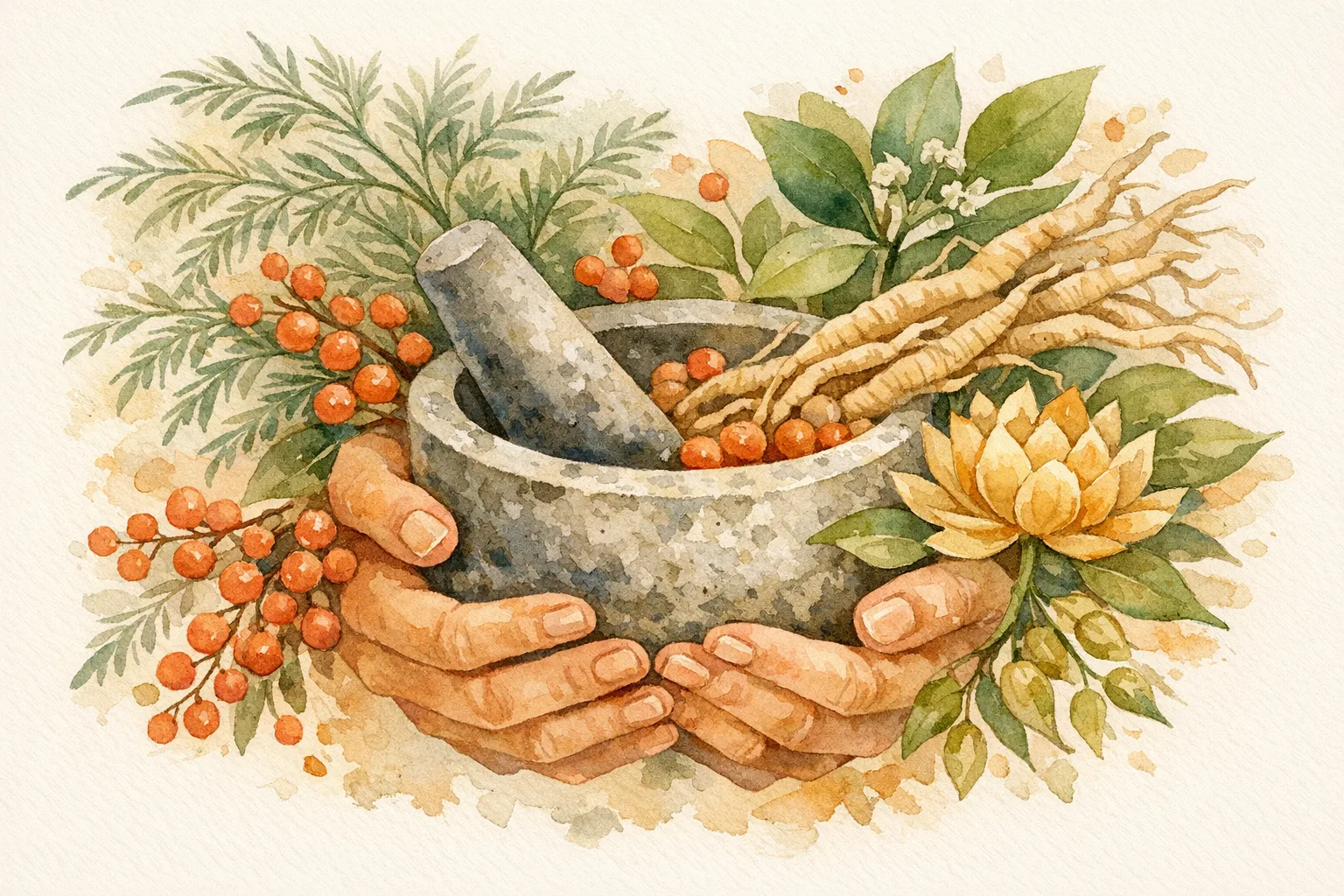 Watercolor illustration of nurturing hands holding a mortar and pestle surrounded by Ayurvedic fertility herbs including shatavari fronds, vitex berries, and a lotus flower