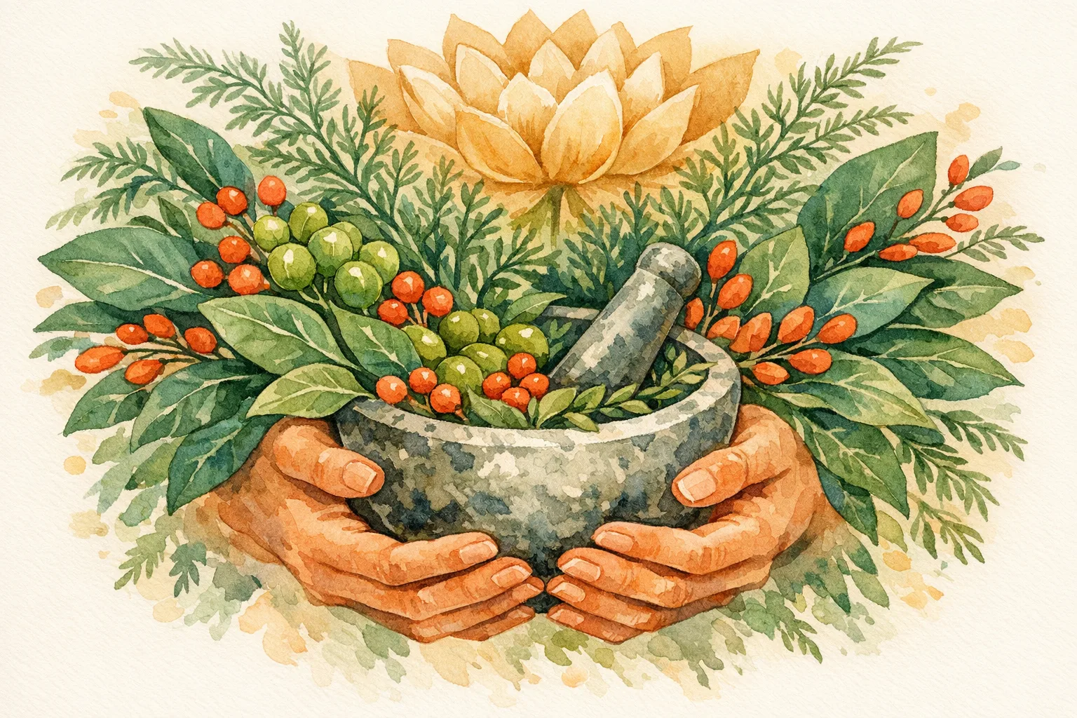 Botanical watercolor illustration of gentle hands holding a mortar and pestle overflowing with Shatavari, Ashwagandha, and Triphala herbs and a lotus flower, representing Ayurvedic approach to egg quality