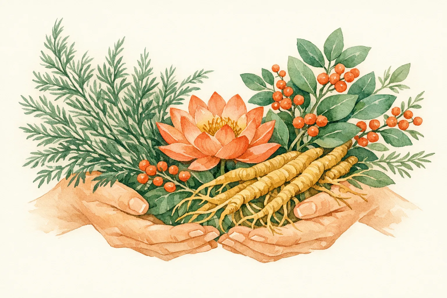 Watercolor illustration of nurturing hands holding Ayurvedic fertility herbs including Shatavari fronds, Ashwagandha roots, and a lotus flower in a warm botanical composition