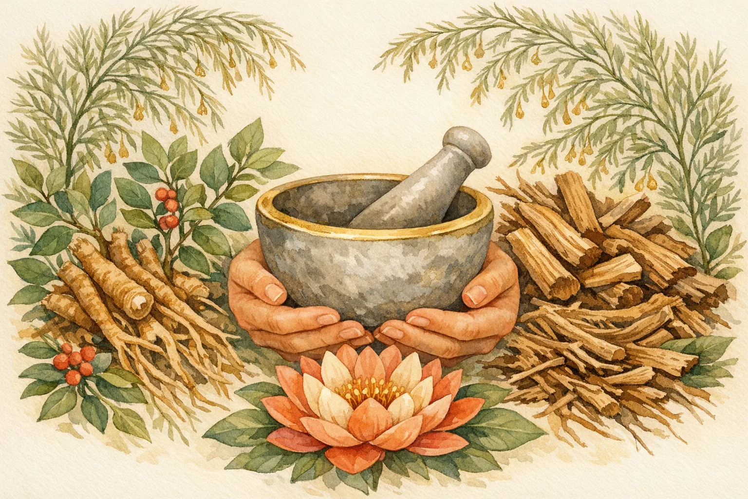 Botanical watercolor illustration of Ayurvedic herbs including Shatavari fronds, Ashwagandha root, and Dashamoola gathered around a stone mortar and pestle with a lotus bloom, representing the Ayurvedic approach to fertility