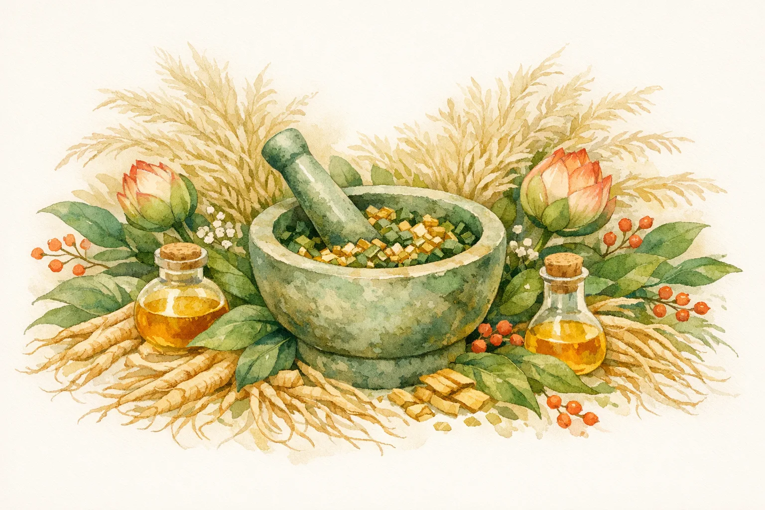 Botanical watercolor of a mortar and pestle surrounded by Shatavari roots, medicinal herbs, and golden oil vessels representing Ayurvedic womb healing research