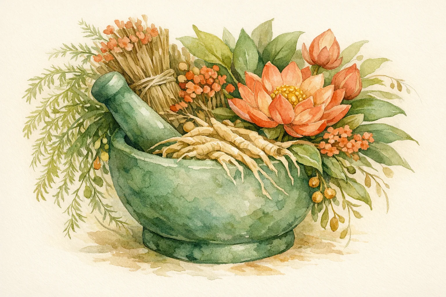 Botanical watercolor of a stone mortar and pestle overflowing with Ayurvedic herbs, lotus flowers, and roots representing the traditional Ayurvedic approach to fertility and reproductive health