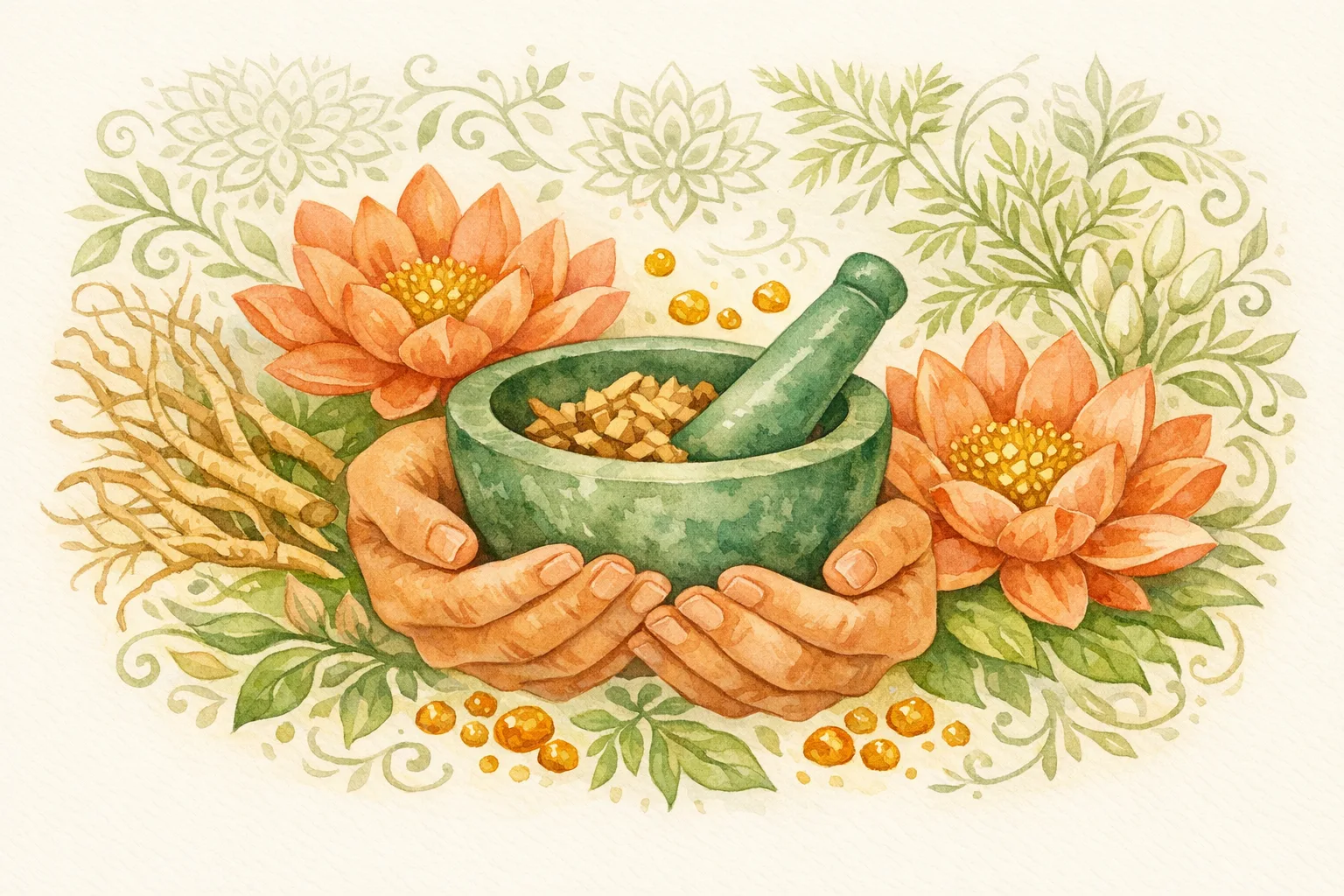 Watercolor illustration of gentle hands holding a mortar and pestle with Ayurvedic herbs and lotus flowers representing traditional PCOS treatment