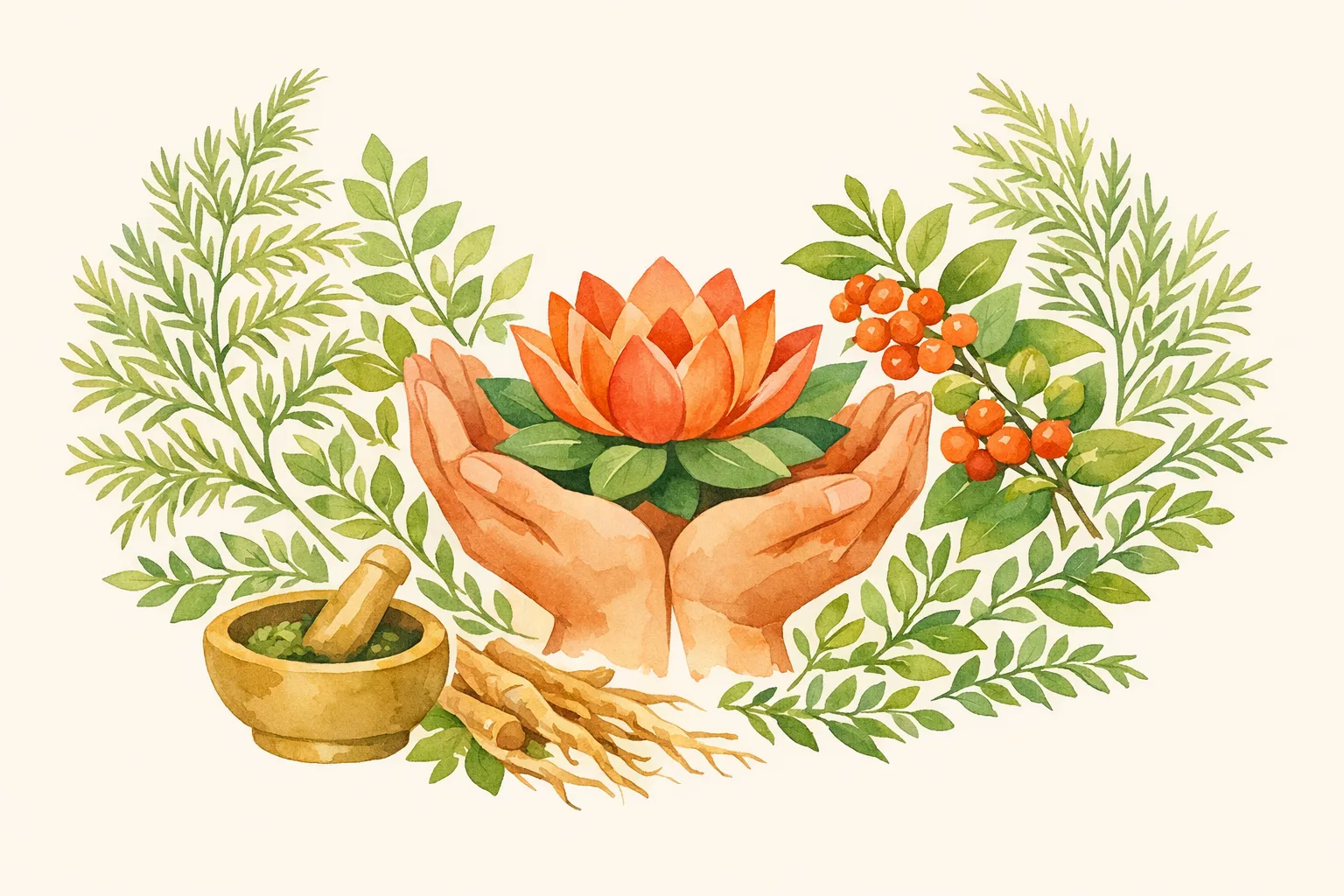 Watercolor illustration of nurturing hands cradling a lotus flower surrounded by Shatavari and Ashwagandha botanical herbs and a mortar and pestle, representing the Ayurvedic approach to egg quality