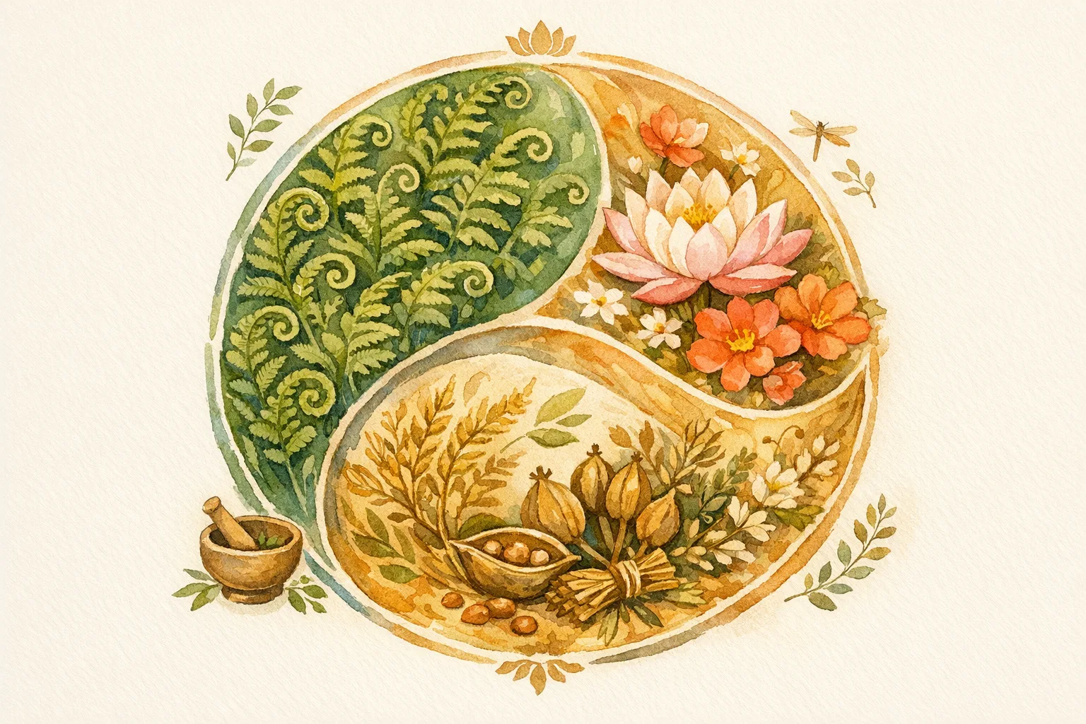 Watercolor illustration of a circular botanical wheel divided into three cycle phases with lotus flowers, sage green ferns, and gold seed pods representing the Ayurvedic Rituchakra on a warm cream background