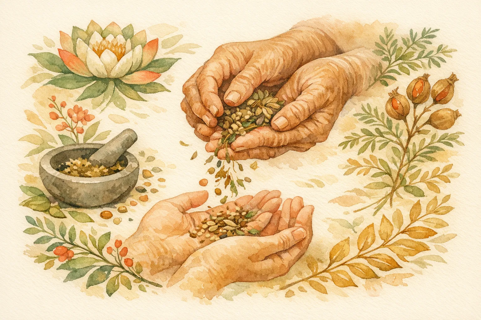 Watercolor illustration of elder and younger hands exchanging seeds and herbs, surrounded by lotus flowers, a mortar and pestle, and botanical leaves, representing Ayurvedic generational knowledge about seed use for women's reproductive health.
