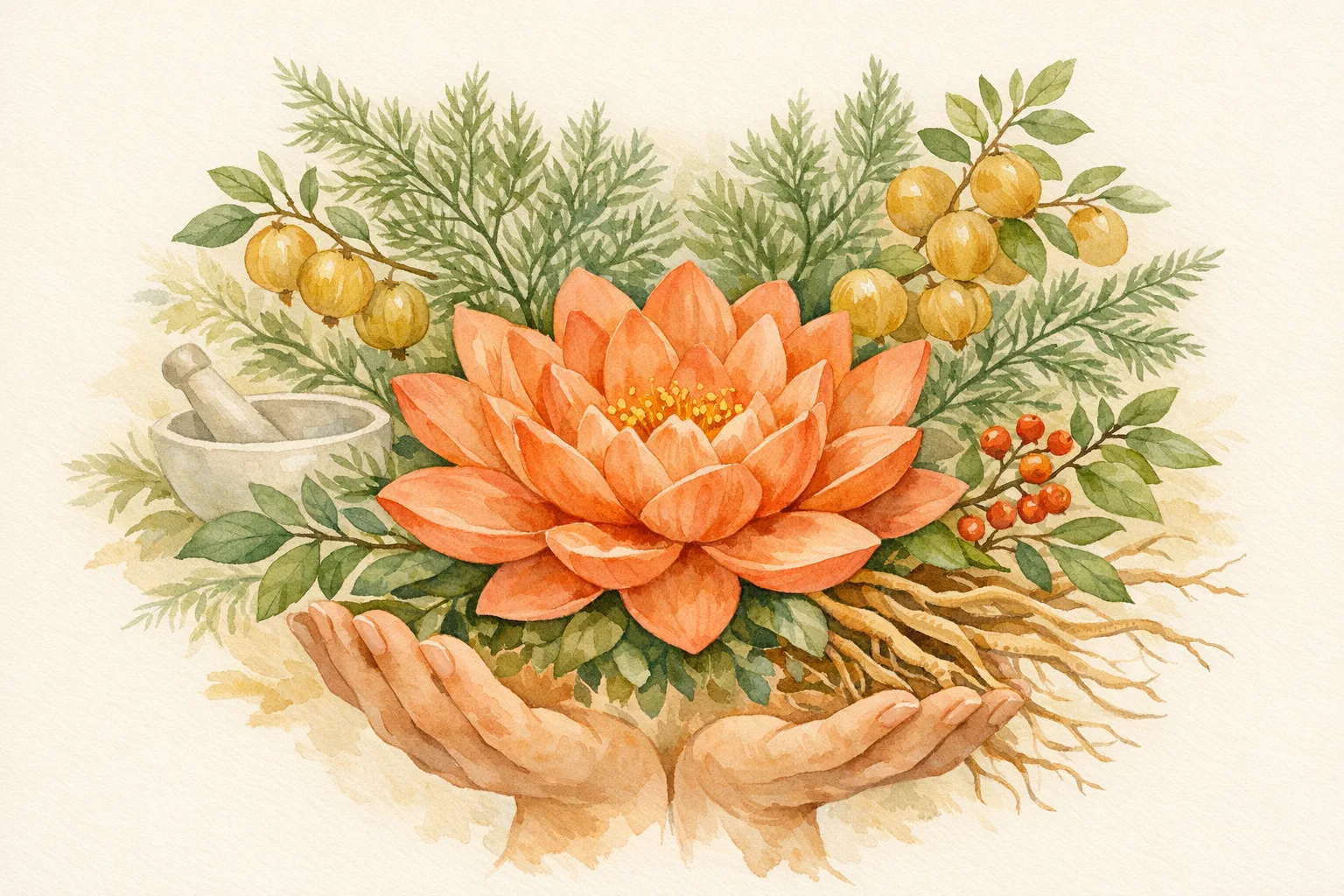 Botanical watercolor illustration of a lotus flower surrounded by Shatavari, Ashwagandha, and Amalaki Ayurvedic herbs with nurturing hands, representing the Shukra Dhatu tradition of supporting reproductive health.