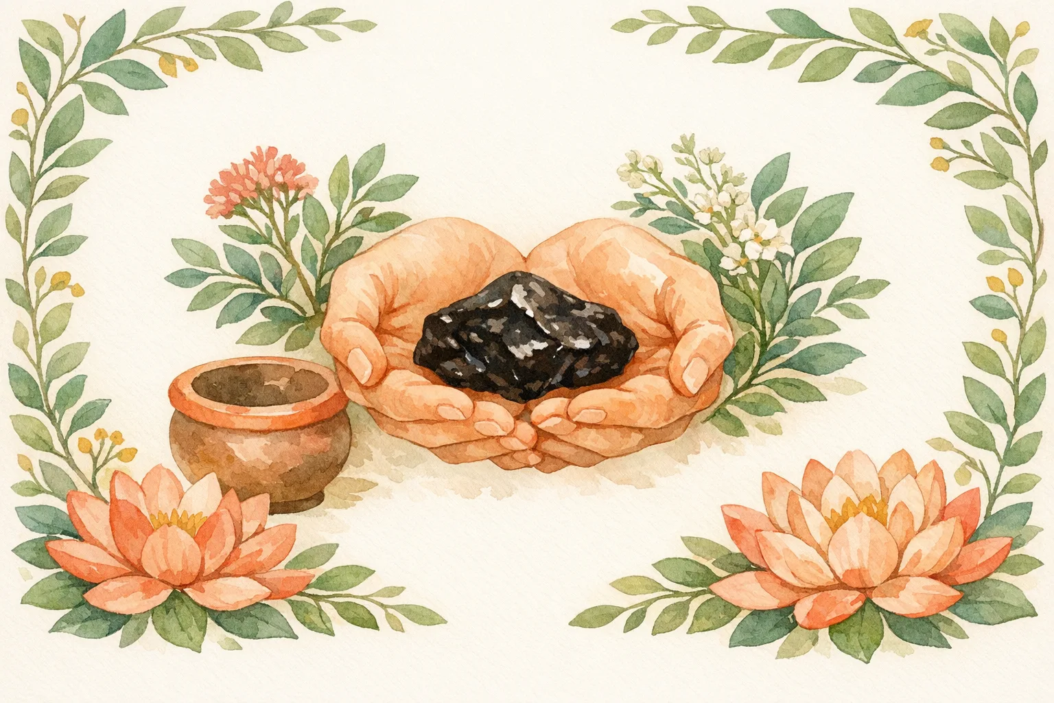 Botanical watercolor illustration of gentle hands holding Shilajit resin surrounded by Himalayan herbs, lotus flowers, and Ayurvedic botanical elements representing ancient reproductive nourishment