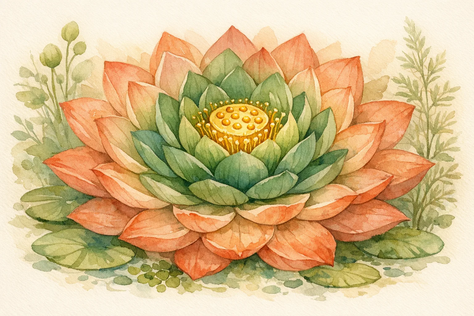 Watercolor lotus flower illustration with layered concentric petals representing the Ayurvedic seven Dhatu tissue layers and Shukra reproductive vitality