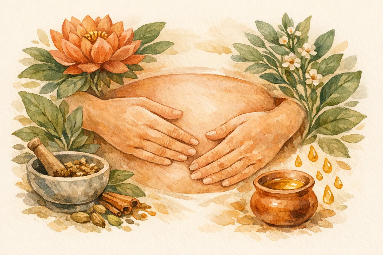 Botanical watercolor illustration of nurturing hands applying warm oil to an abdomen surrounded by Ayurvedic lotus flowers, herbs and a mortar and pestle representing ancient fertility self-care