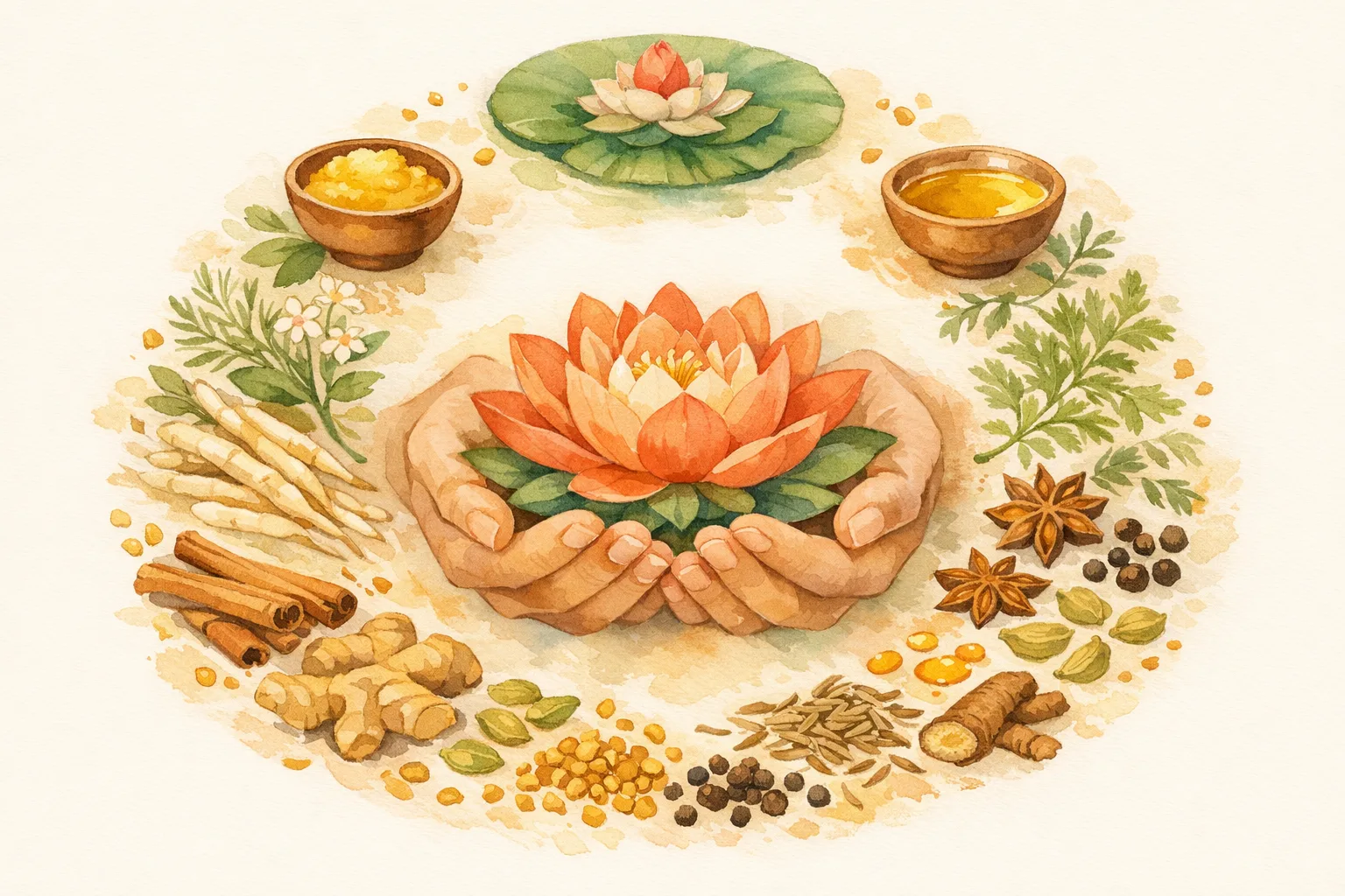 Botanical watercolor of gentle cupped hands holding a lotus flower surrounded by Ayurvedic herbs, ghee, and nourishing botanicals representing the womb healing protocol steps