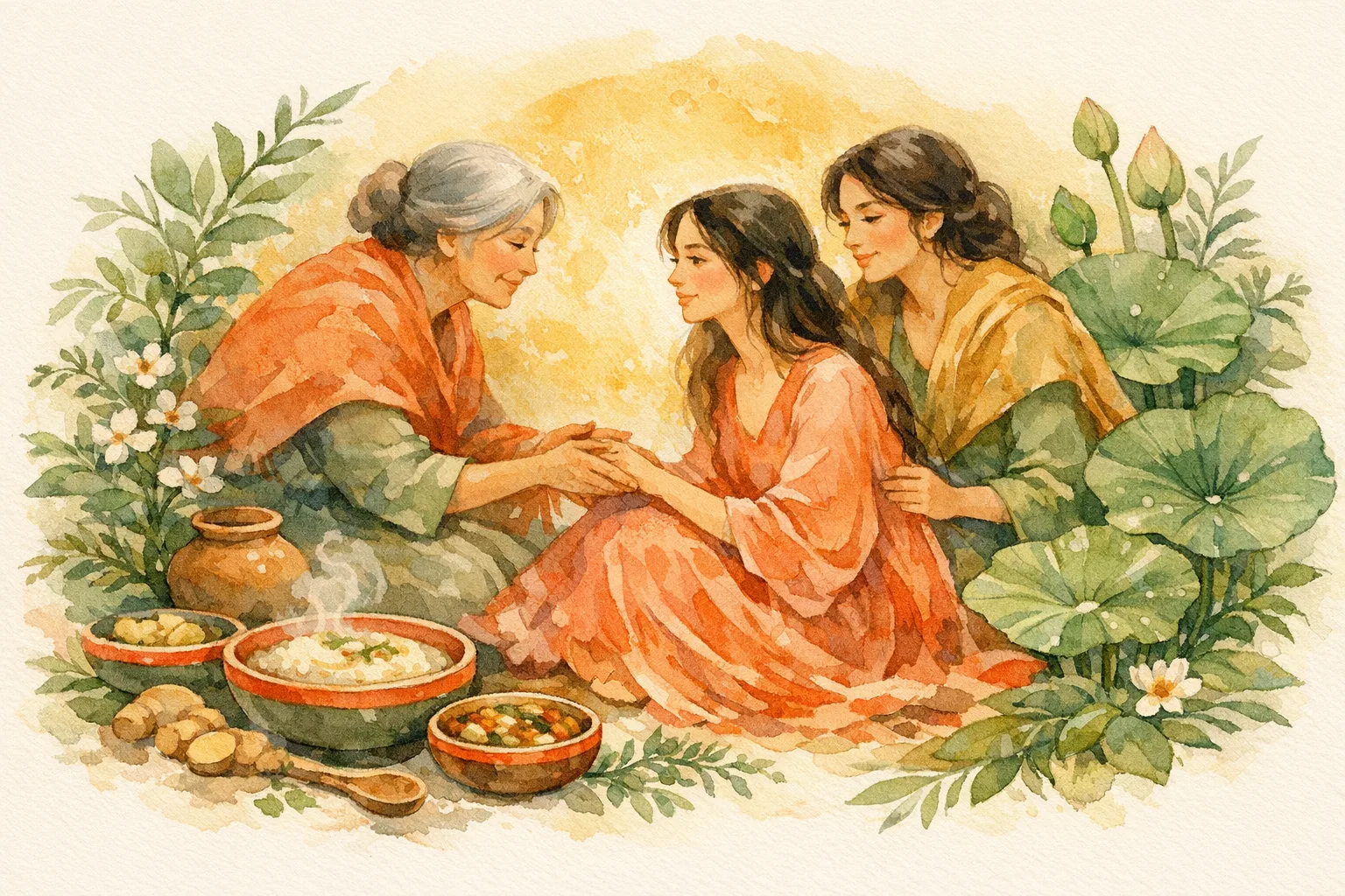Watercolor gesture illustration of elder women gathered with herbs and nourishing foods in a warm home setting, representing the traditional village practice of preparing a woman's body and environment for conception