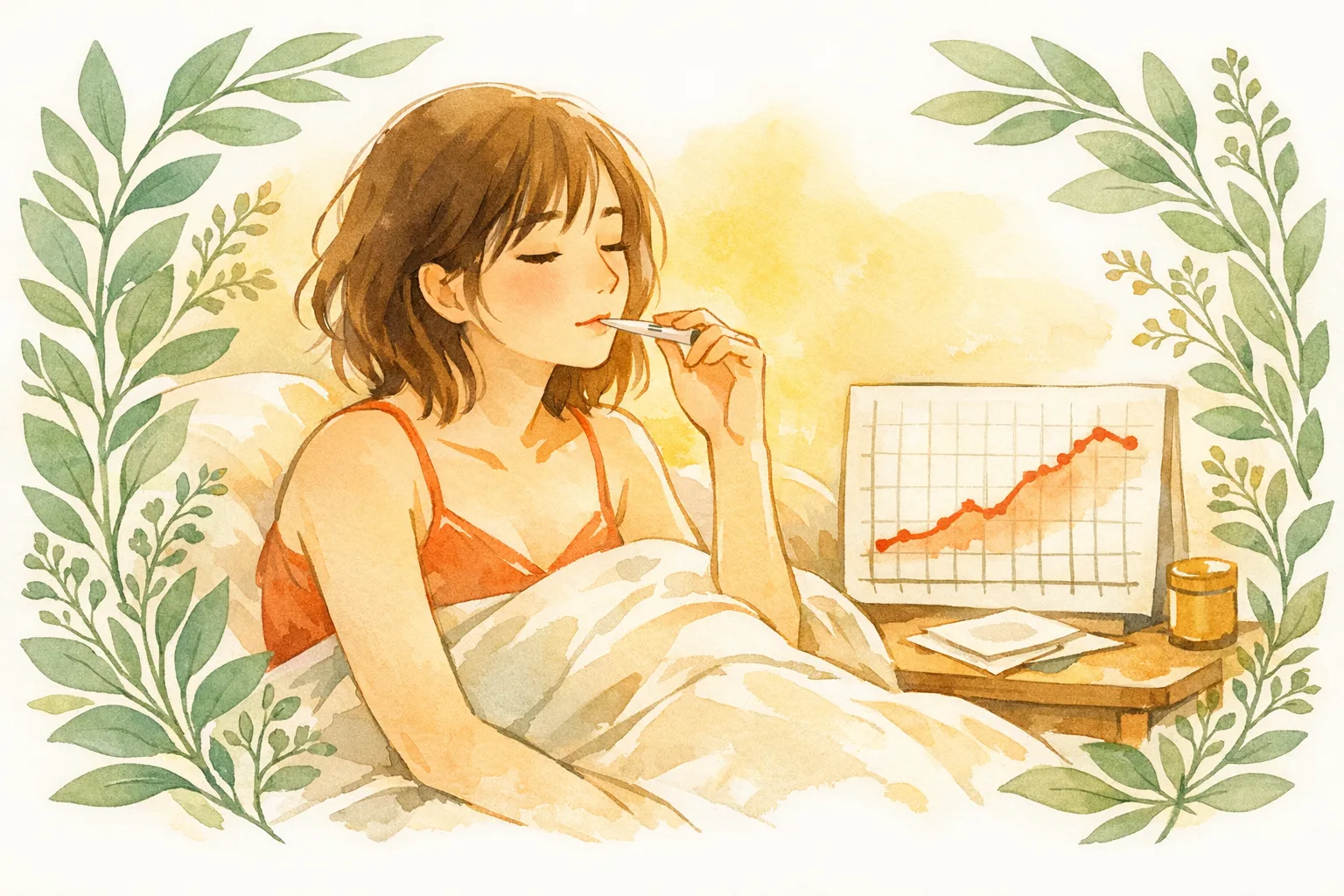 A woman in soft watercolor illustration gently takes her basal body temperature in bed at morning, with a hand-drawn fertility chart and botanical herbs nearby