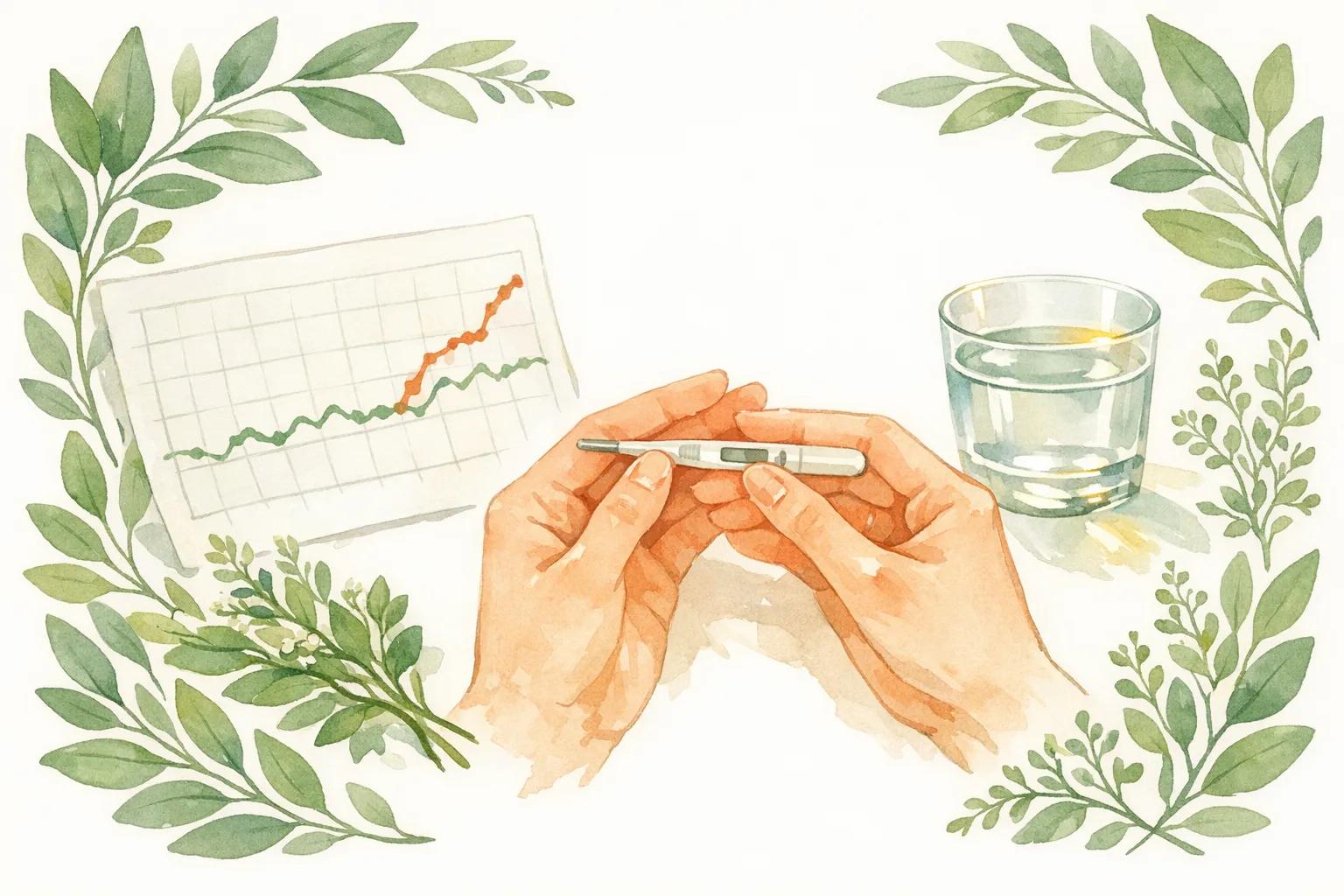 Watercolor illustration of gentle hands holding a basal thermometer beside a handwritten temperature chart, herbs, and a glass of water representing at-home fertility tracking