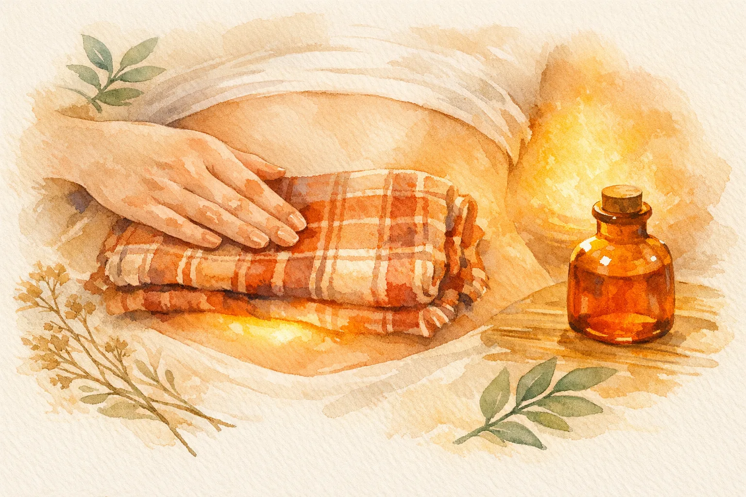 Watercolor illustration of gentle hands placing a warm castor oil flannel pack on the lower abdomen surrounded by botanical herbs representing the fertility protocol ritual