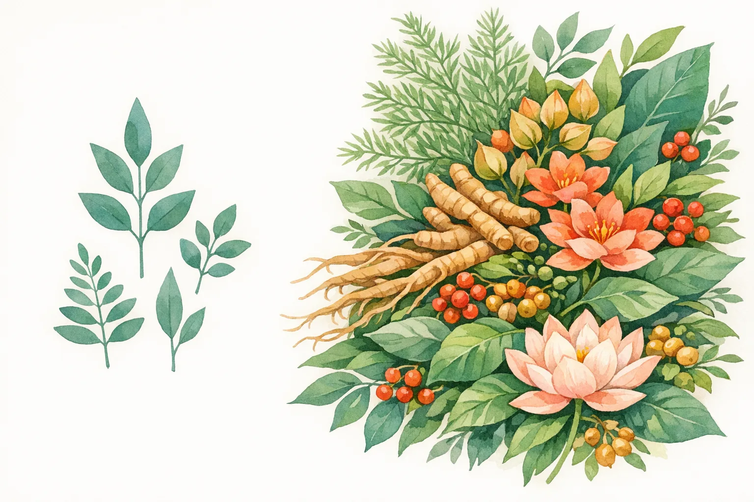 Botanical watercolor illustration contrasting a sparse minimal arrangement with an abundant lush cluster of Ayurvedic herbs including shatavari, ashwagandha, and turmeric, representing natural versus conventional fertility approaches