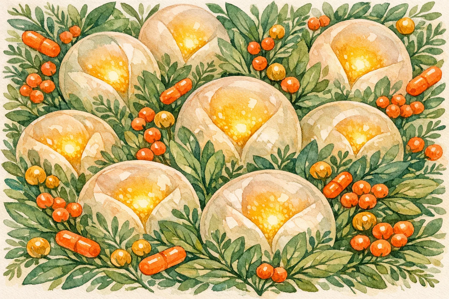 Botanical watercolor illustration of lush ovarian follicle pods nestled among herbs and antioxidant-rich plants in sage green and coral, representing research on egg quality improvement